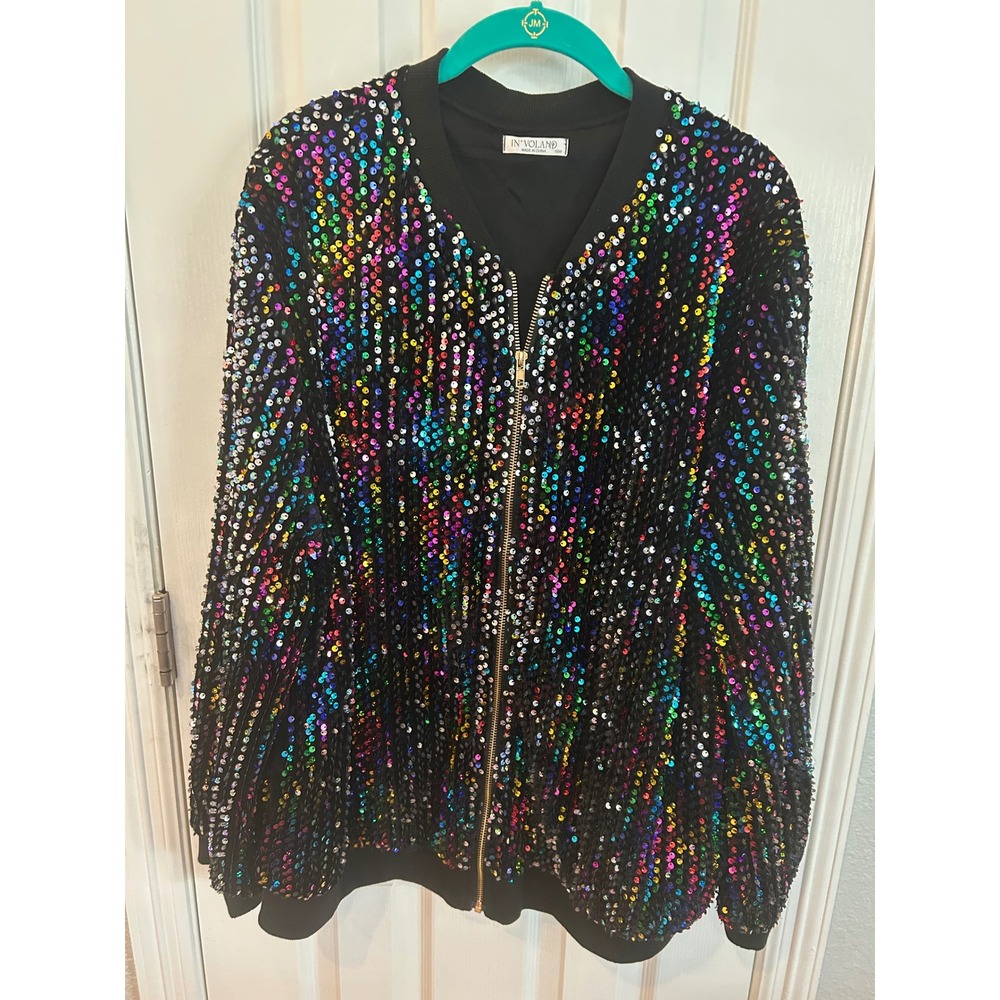 IN'VOLAND Bomber Jacket Rainbow Sequin Multi-Color Zip Up Festival Party 16W